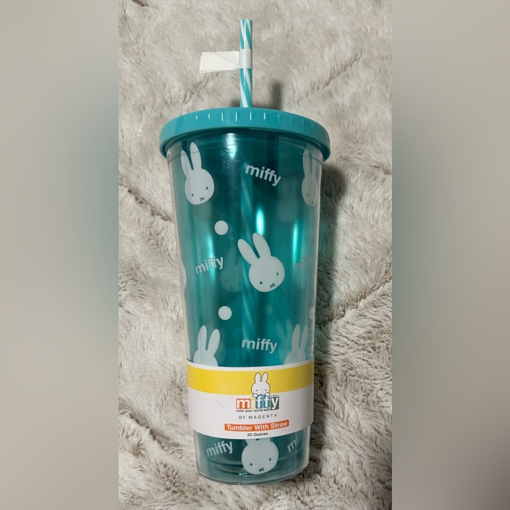 Miffy Teal and Yellow Tumbler with Bunny Design and Straw